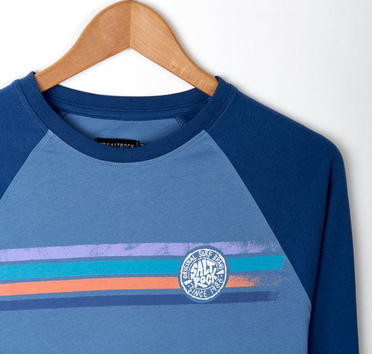 Men's Spray long sleeve raglan tee from Saltrock in blue with multicoloured distressed style stripes across the chest.