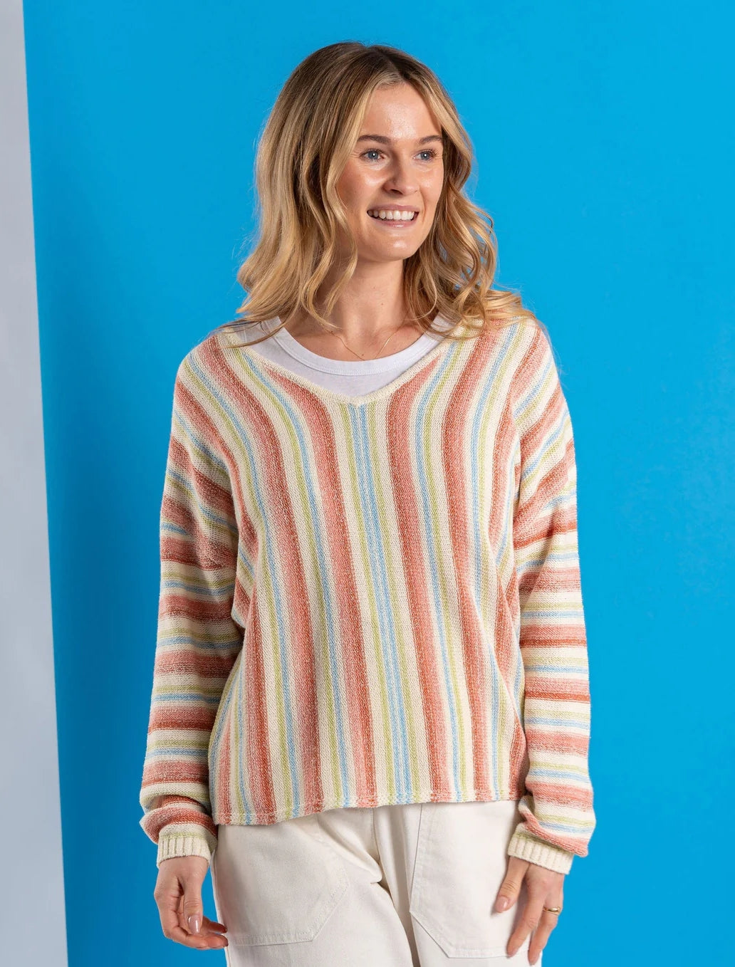 Saltrock Womens Camps V-Neck Vertical Stripe Knitted Jumper - Cream