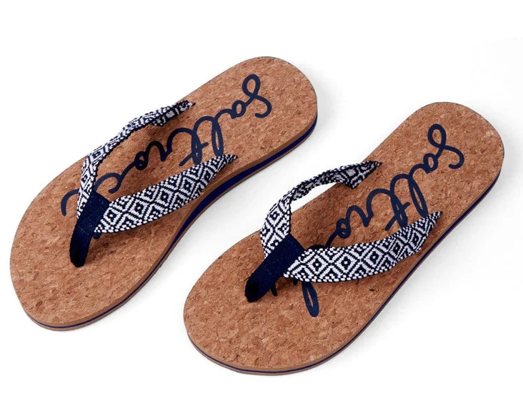 Women's Saltrock Corklife flip flops with a cork footbed, script style logo print and a navy and white woven strap.