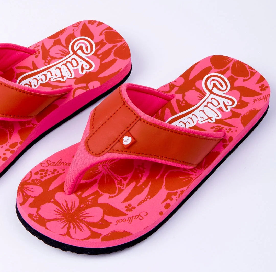 Women's Saltrock Hibiscus flip flops in Bright Pink with a tropical floral footbed and padded strap and toepost.