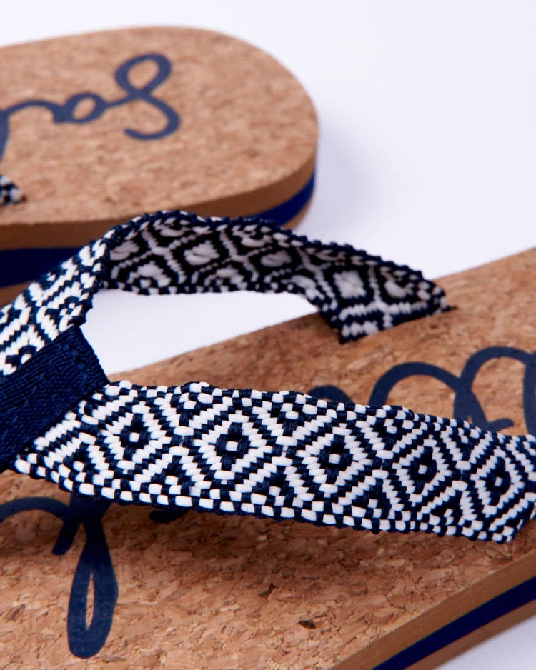 Navy and white Corklife women's flip flops from Saltrock with a cork footbed and woven Aztec style pattern strap.