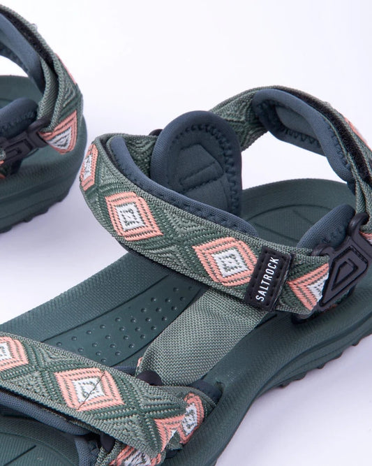 Women's Saltrock Trail hook and loop strap sandals in Green with padded straps with geometric coral diamond pattern.