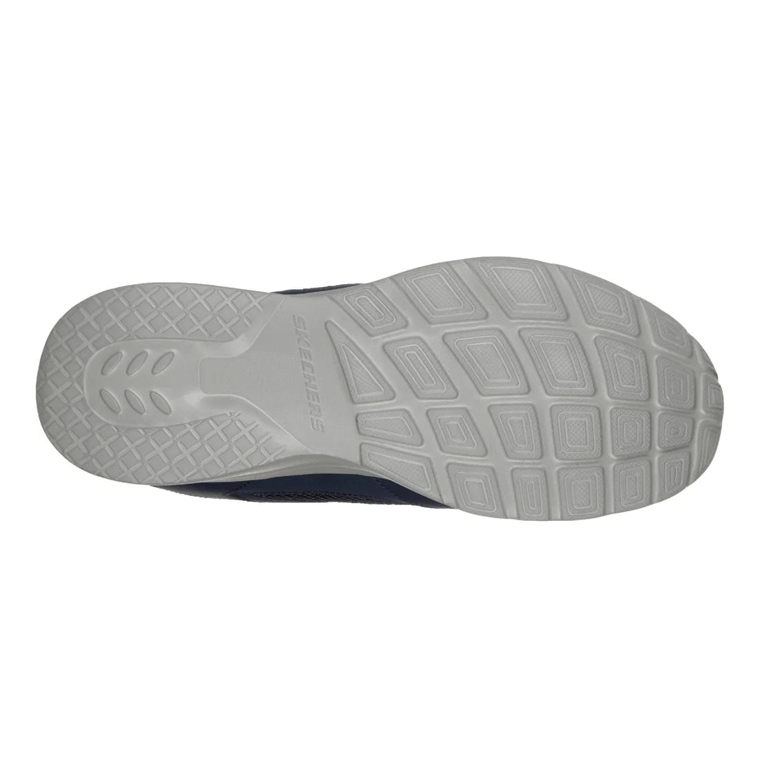 Bottom sole view of Skechers mens Dynamight Fallford shoes in Navy showing grey textured outsole and tread