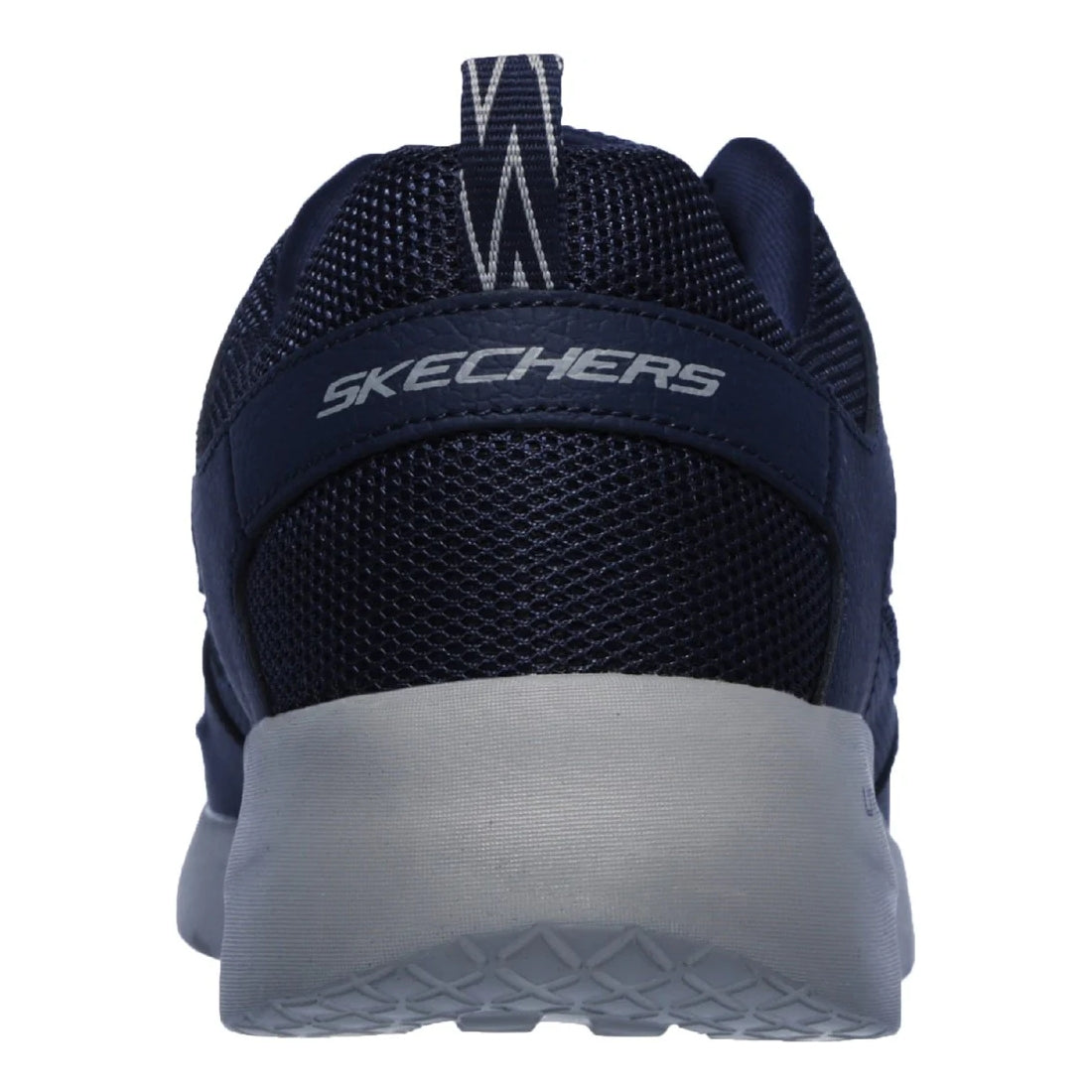 Rear view of navy mesh sneaker with pull tab and gray sole Skechers mens Dynamight Fallford Navy shoes for casual walking