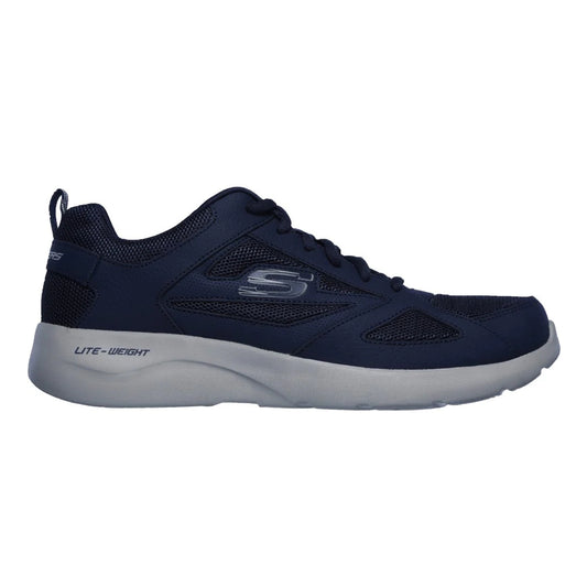 Skechers mens Dynamight Fallford shoes in Navy low profile navy mesh lace up sneaker with lightweight grey sole