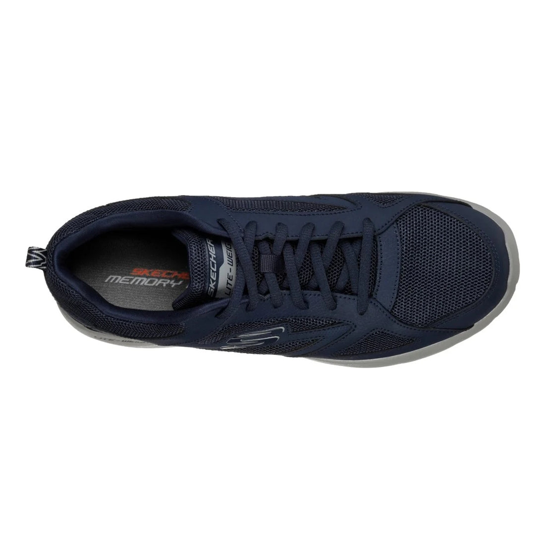 Top view of Skechers mens Dynamight Fallford shoes in Navy lace up mesh athletic walking shoe with memory foam insole