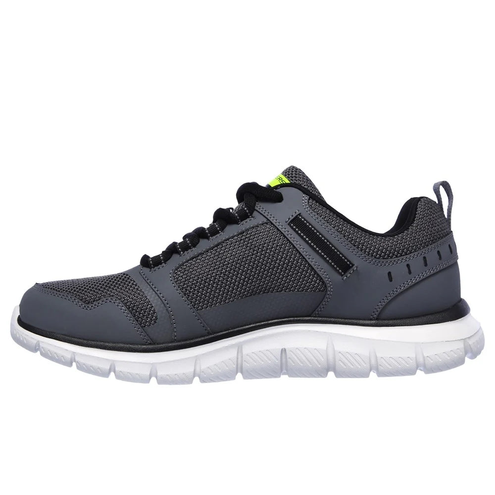 Skechers mens Track Knockhill shoes in Charcoal Black low top mesh lace up sneaker with white cushioned sole
