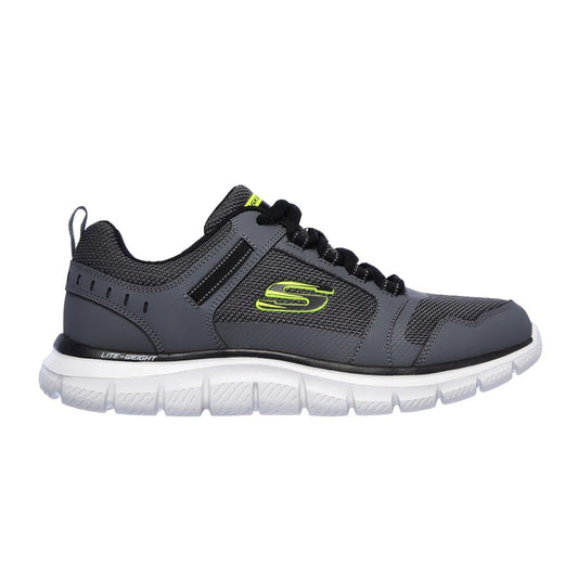 Skechers mens Track Knockhill shoes in Charcoal Black lightweight mesh athletic sneaker with white sole