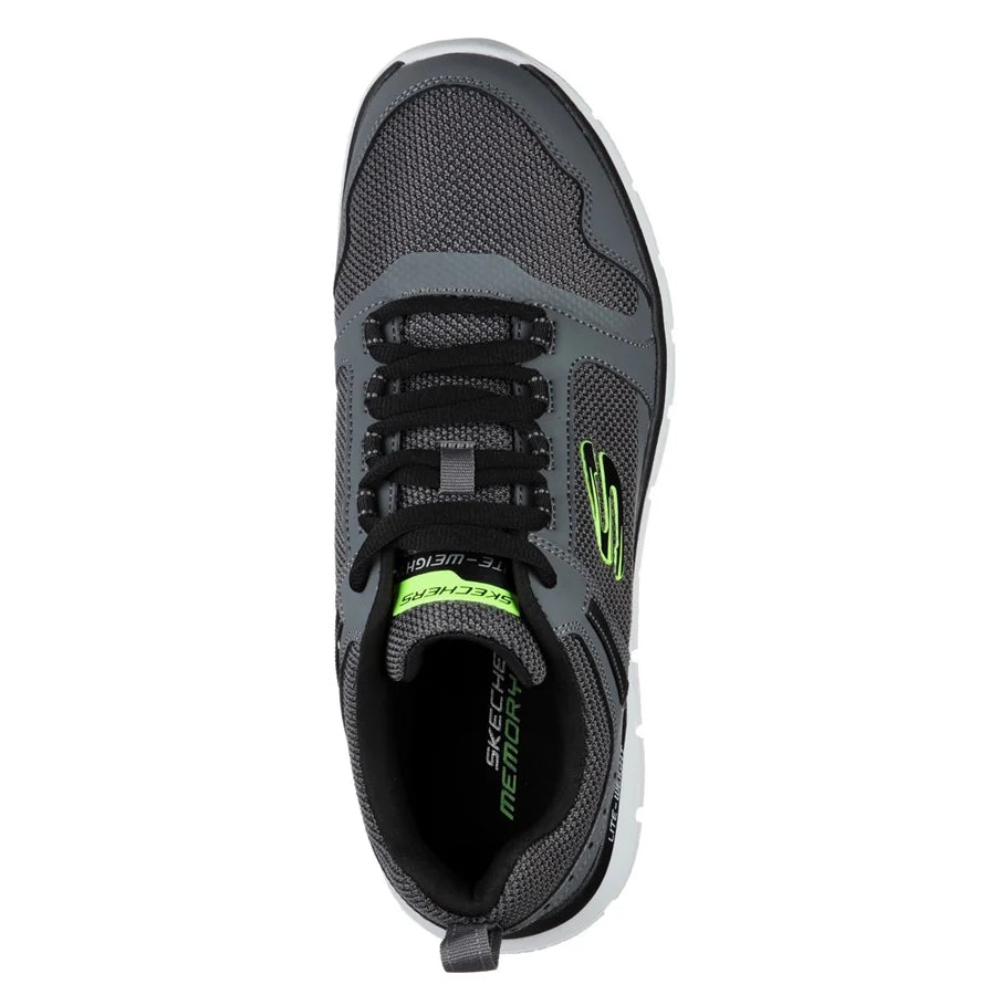Skechers mens Track Knockhill shoes in Charcoal Black top view lace up athletic sneaker with memory foam