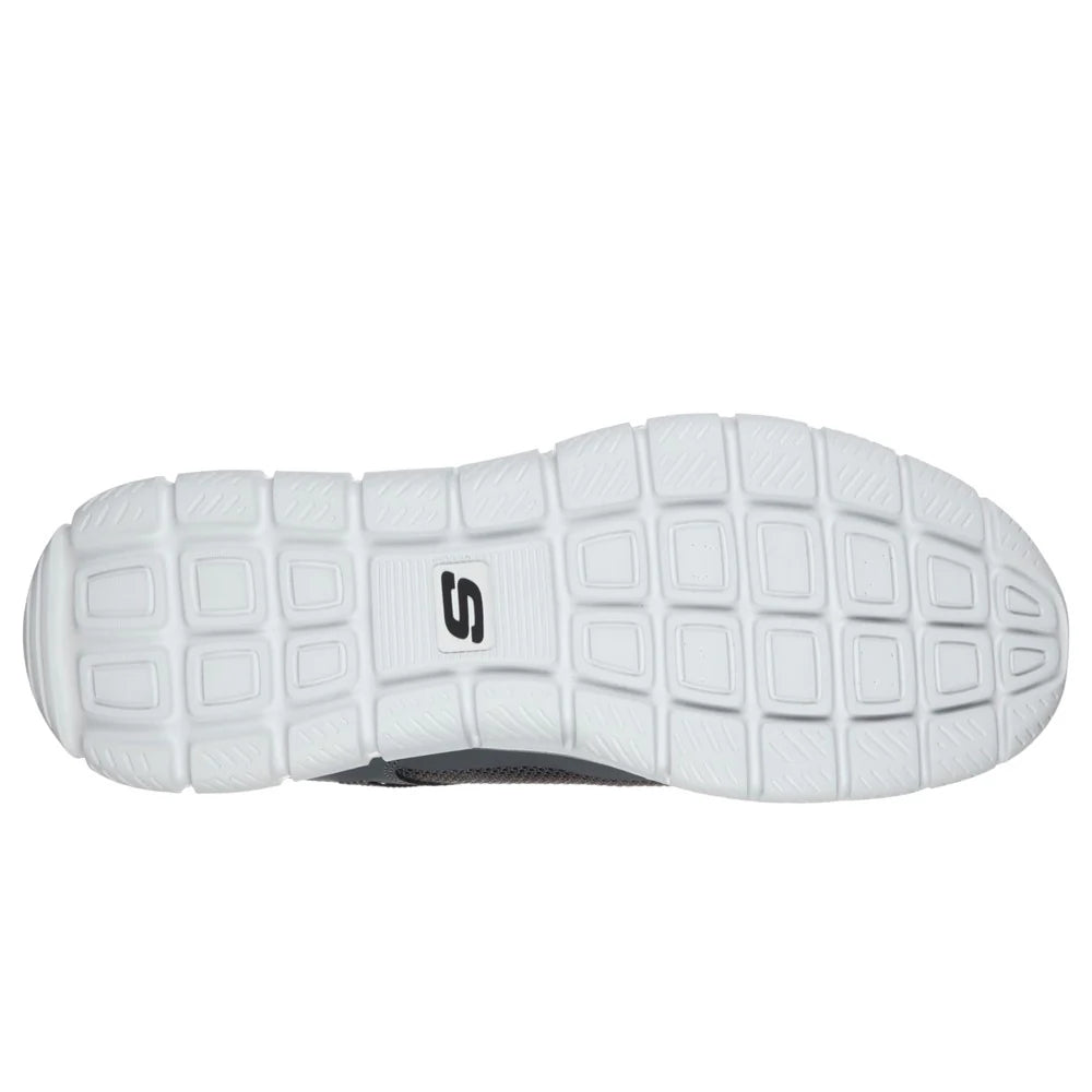 Skechers mens Track Knockhill shoes in Charcoal Black bottom view showing white outsole with Skechers S logo and tread pattern