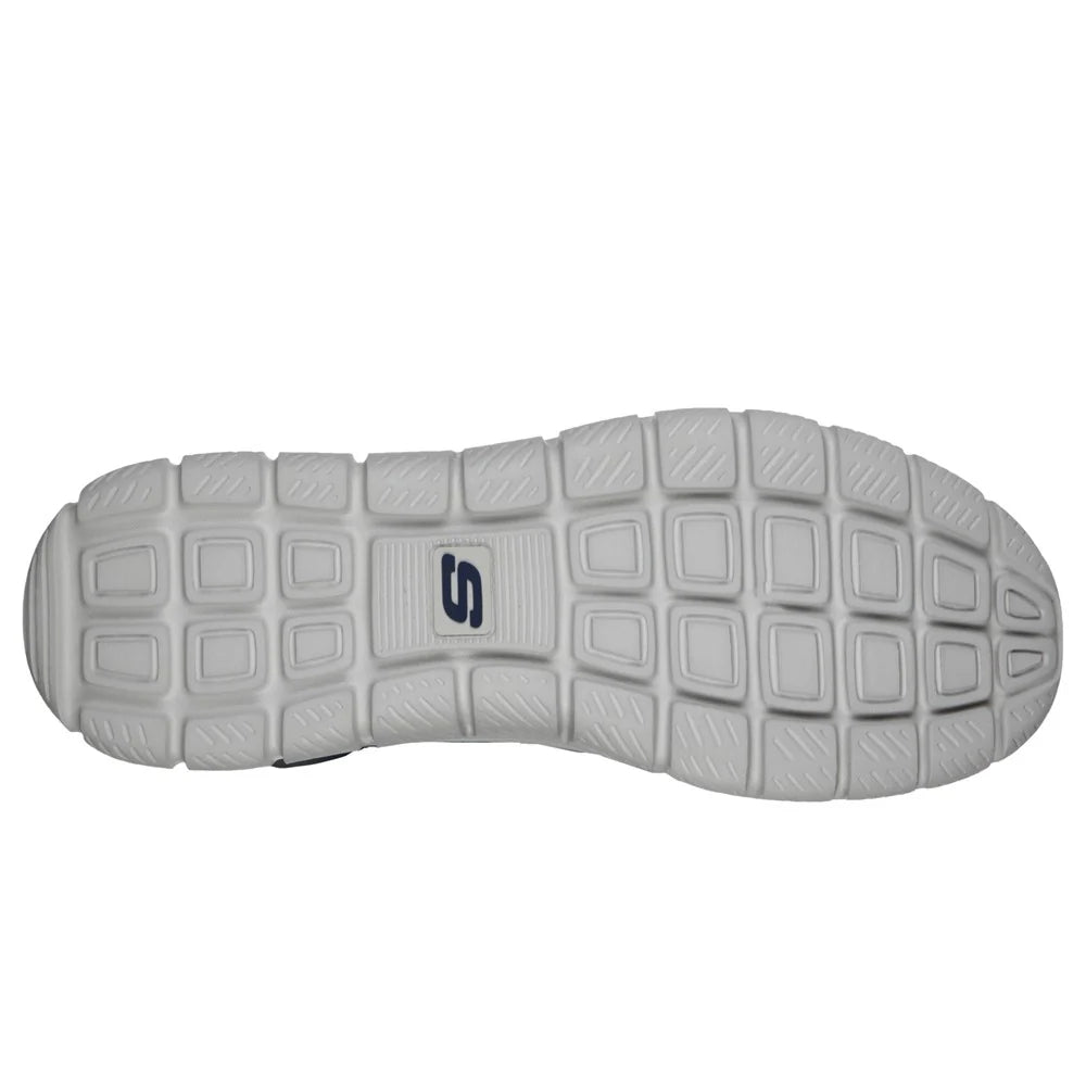 Skechers mens Track Knockhill shoes in Navy bottom sole view grey flexible outsole with square tread and S logo