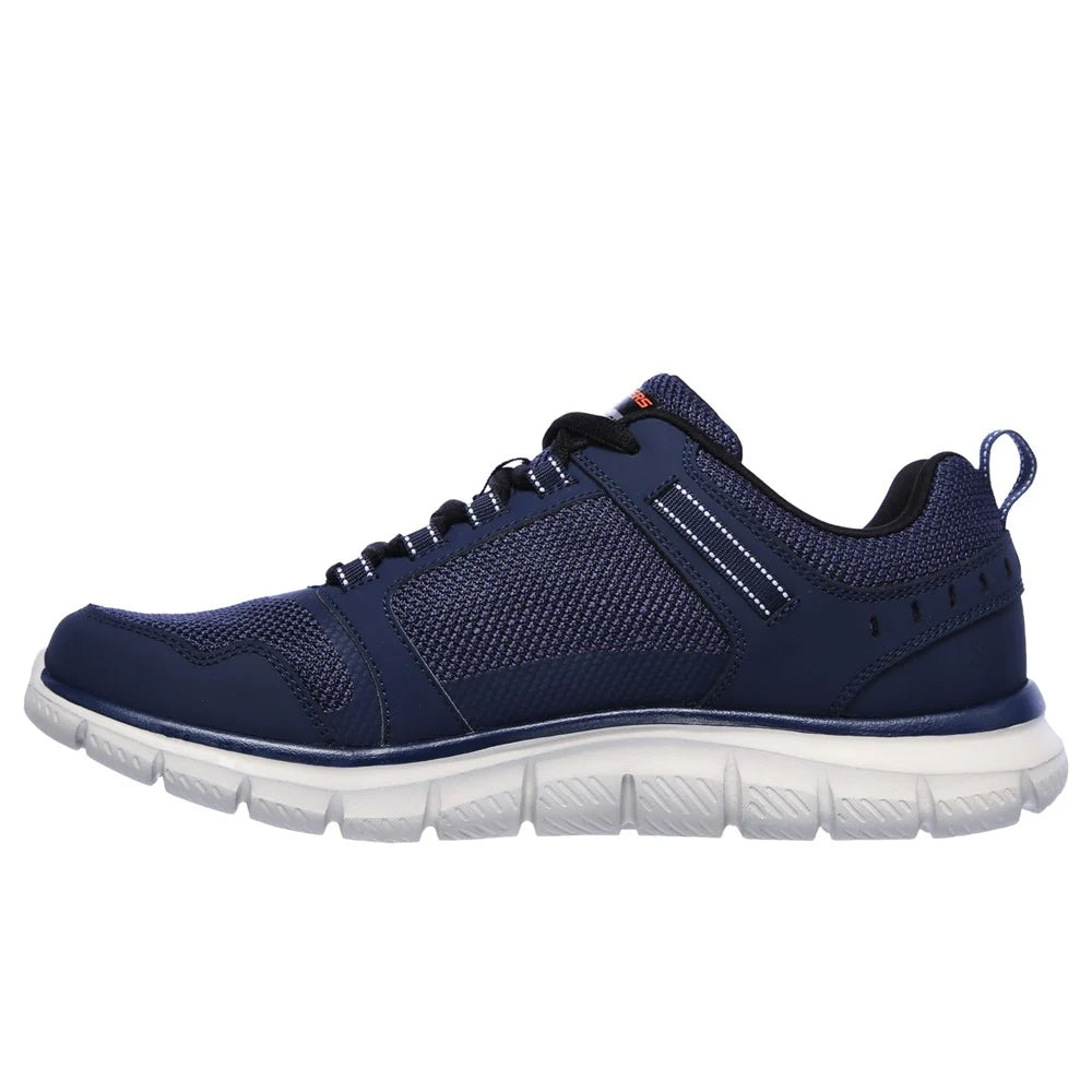 Skechers mens Track Knockhill shoes in Navy low profile mesh trainer shoe with cushioned white sole