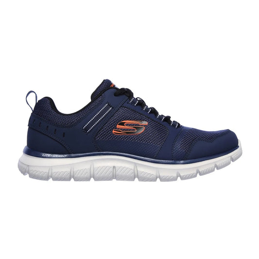 Skechers mens Track Knockhill shoes in Navy lightweight navy mesh athletic sneaker with white sole and orange S logo