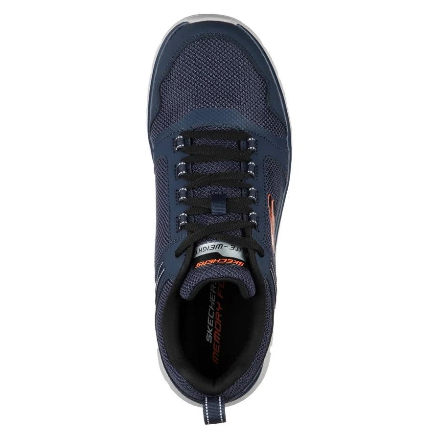 Top view Skechers mens Track Knockhill shoes in Navy mesh athletic trainer with lace closure and orange logo