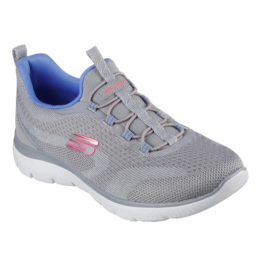 Front view of Skechers womens Summits New Nature grey shoes breathable knit walking shoe with pink logo and cushioned white sole