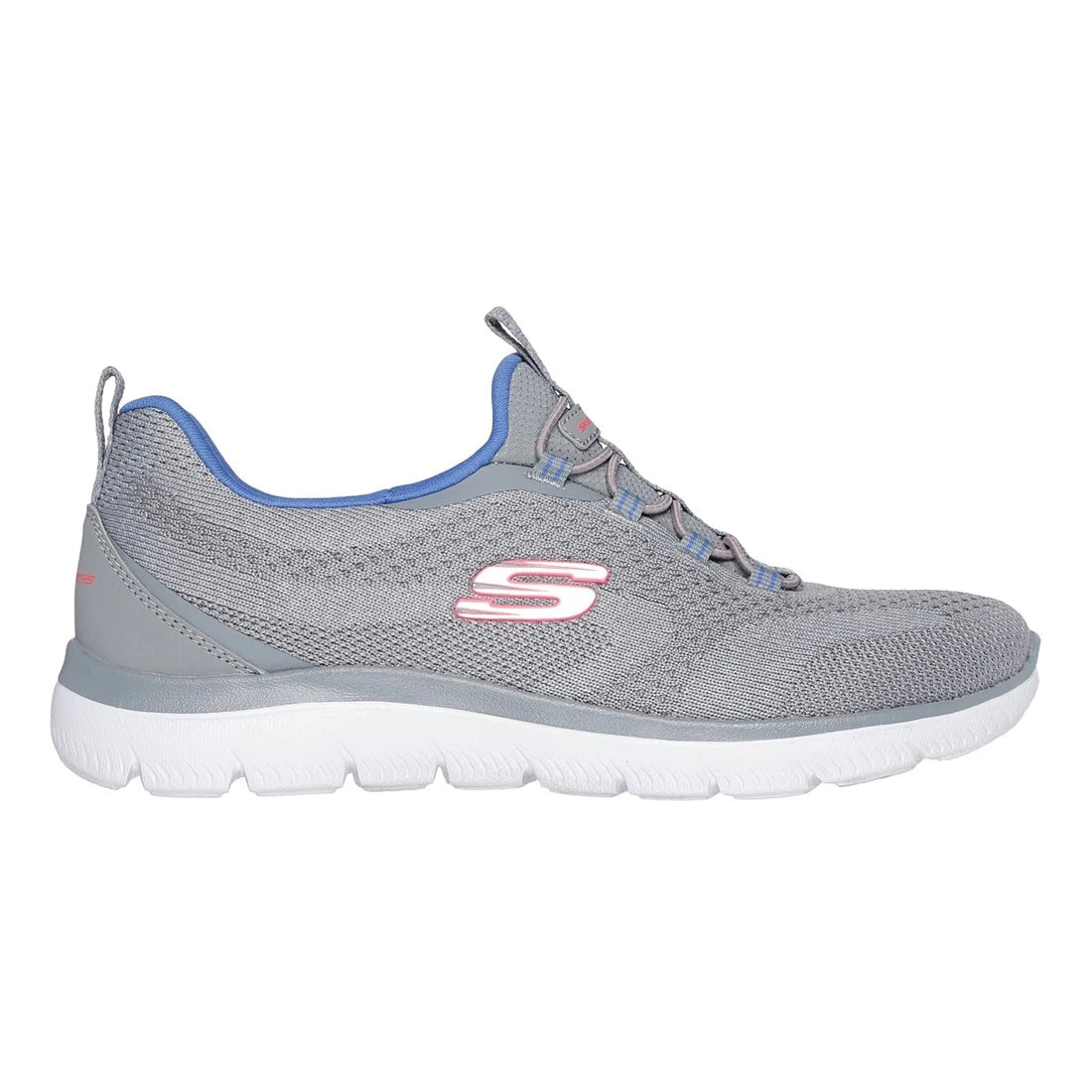 Skechers womens Summits New Nature grey shoes womens knit slip on walking shoe with white sole and pink S logo