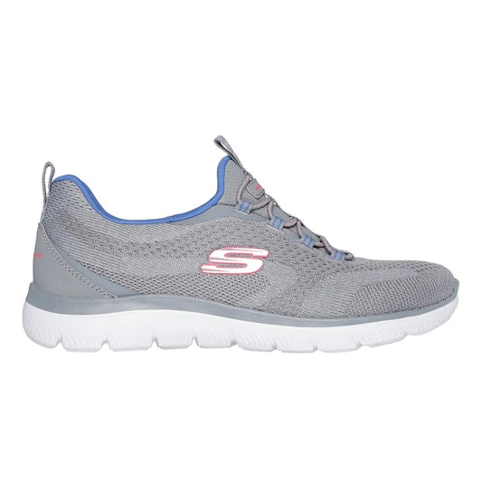 Skechers womens Summits New Nature grey shoes womens knit slip on walking shoe with white sole and pink S logo