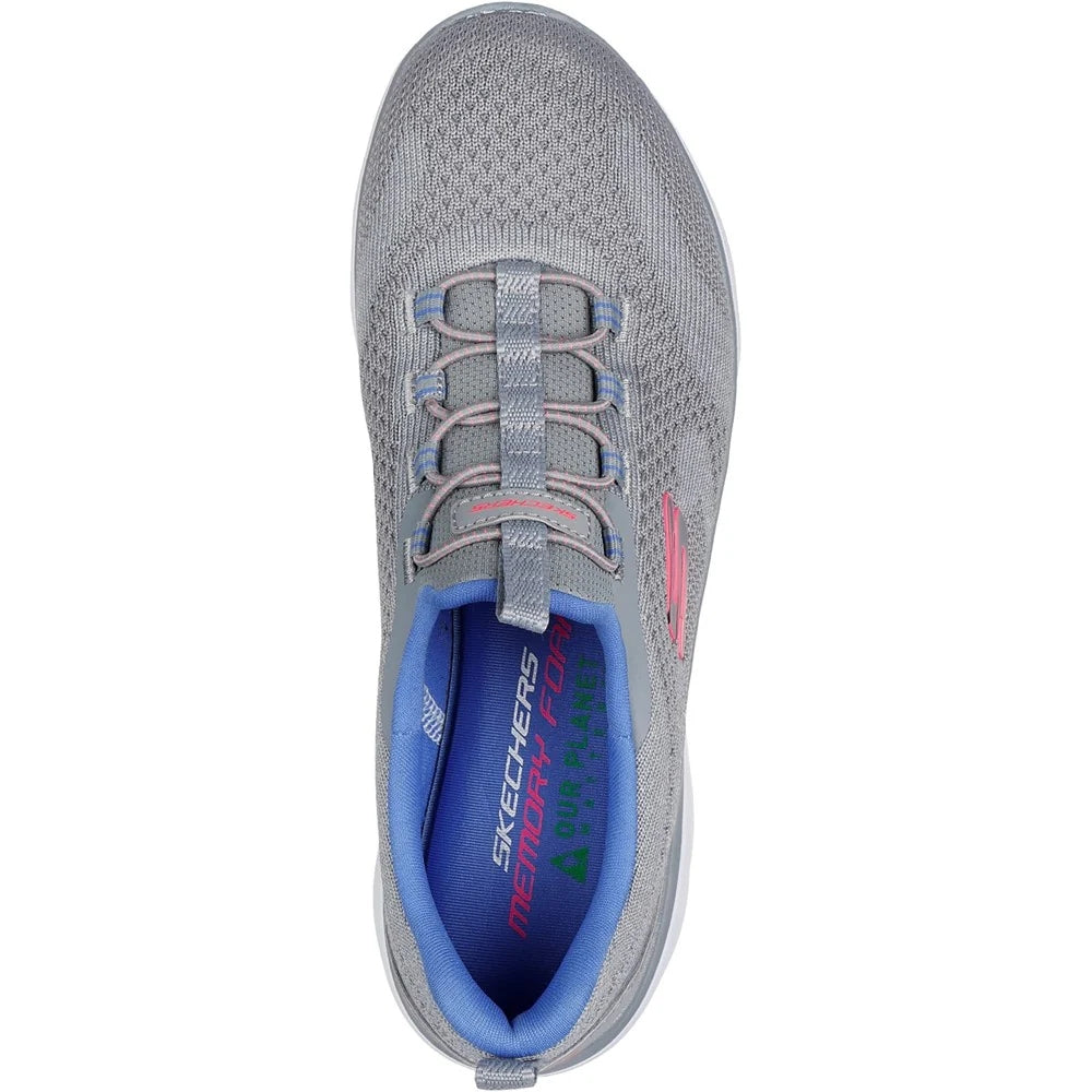 Skechers womens Summits New Nature grey shoes top view breathable knit slip on sneaker with elastic bungee laces and blue lining