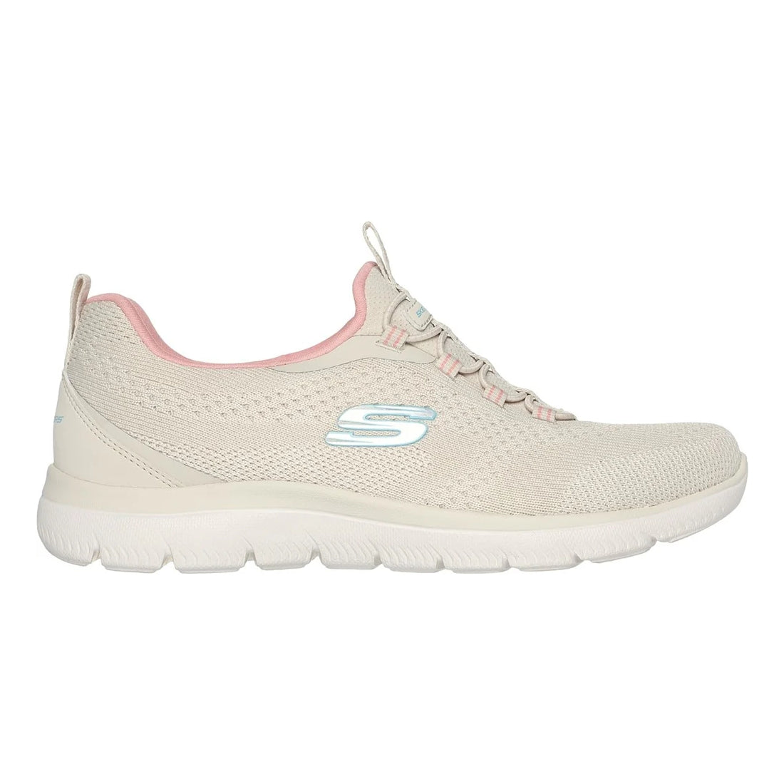 Skechers womens Summits New Nature shoes in Natural beige knit slip on sneaker with coral lining and light blue S logo