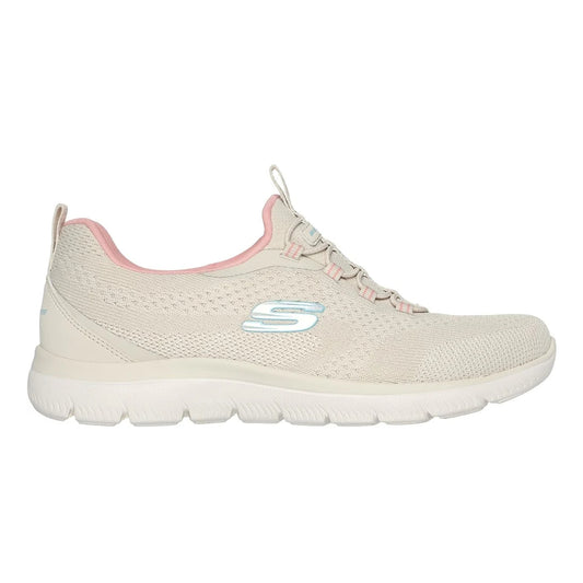 Skechers womens Summits New Nature shoes in Natural beige knit slip on sneaker with coral lining and light blue S logo