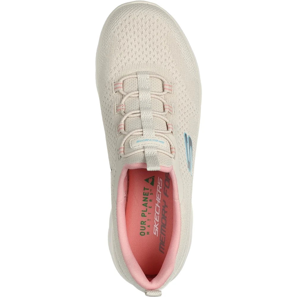 Skechers womens Summits New Nature shoes in Natural beige knit slip on sneaker top view with coral lining and blue logo