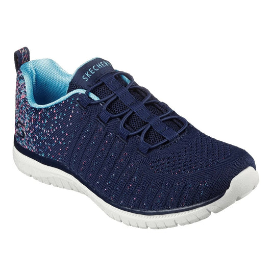 Skechers womens Virtue navy shoes knit slip on walking sneaker with cushioned white sole and blue lining