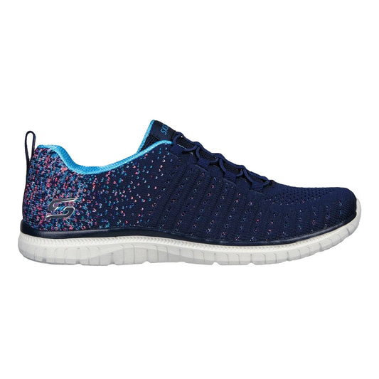 Front view of Skechers womens Virtue navy shoes lightweight knit slip on sneaker with cushioned white sole for walking