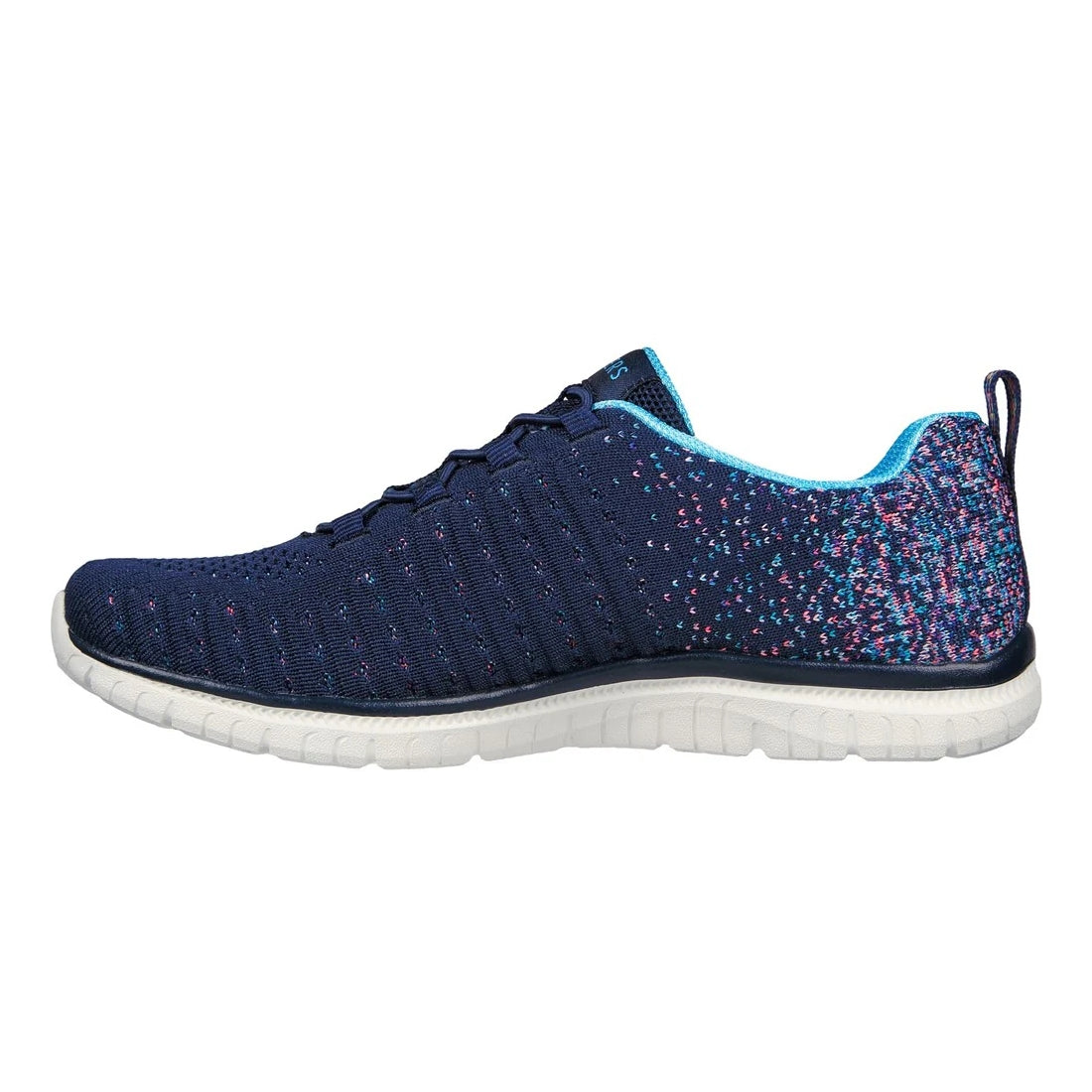 Skechers womens Virtue navy shoes knit navy slip on sneaker with multicolor speckled heel and white sole