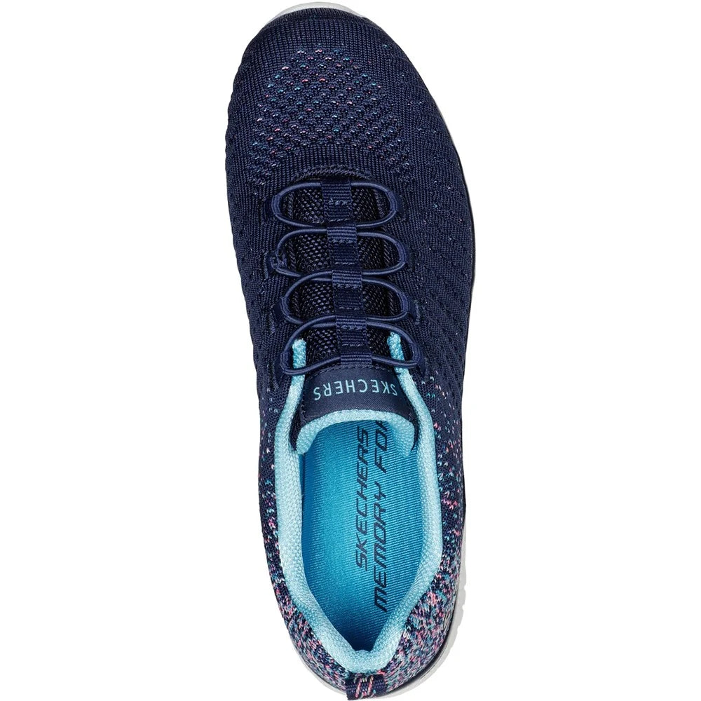 Top view Skechers womens Virtue navy shoes knit slip on sneaker with memory foam and light blue lining