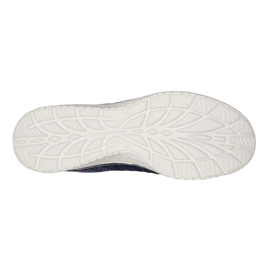 Skechers womens Virtue navy shoes bottom sole view showing white textured outsole for traction
