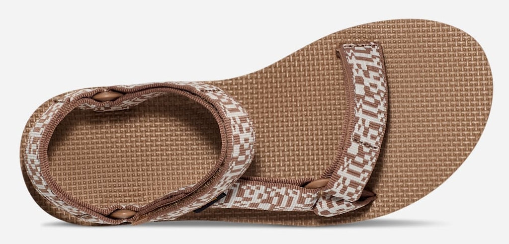 Teva women's adjustable webbing strap Original Universal sandals in Brown with Radio Tigers Eye pattern.