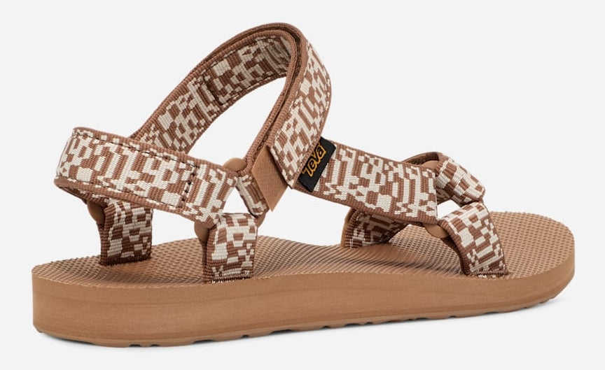 Women's Teva adjustable ankle strap Original Universal webbing sandals in Brown with Radio Tigers Eye pattern.