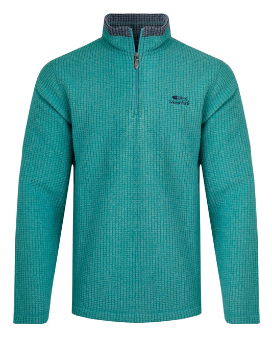 Weird Fish men's fleece in teal with a quarter-zip neckline and long sleeves