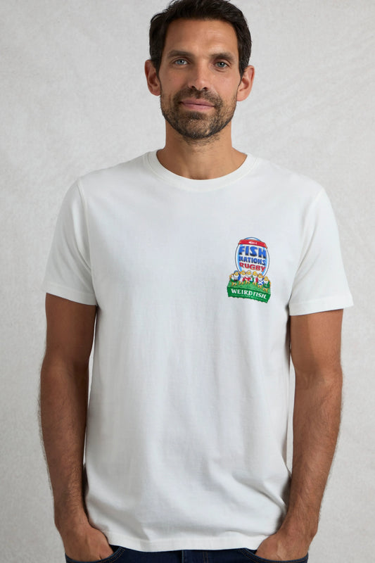 Man wearing a short sleeve white Weird Fish t-shirt with a small rugby themed Fish Nations print on one side of the chest, on a white background