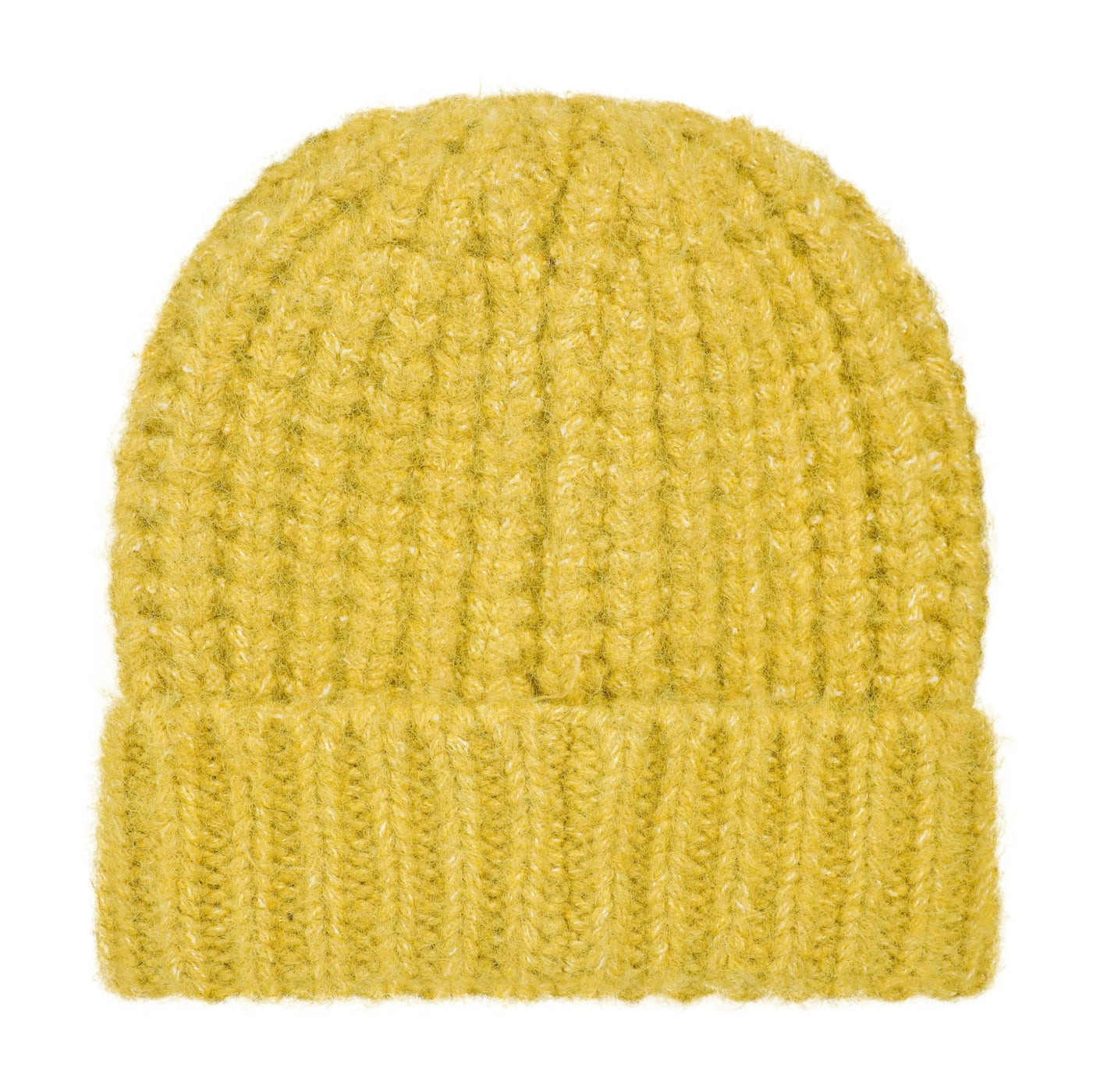 Back view of a Weird Fish Clare beanie in Antique Moss Yellow knitted beanie on a white background