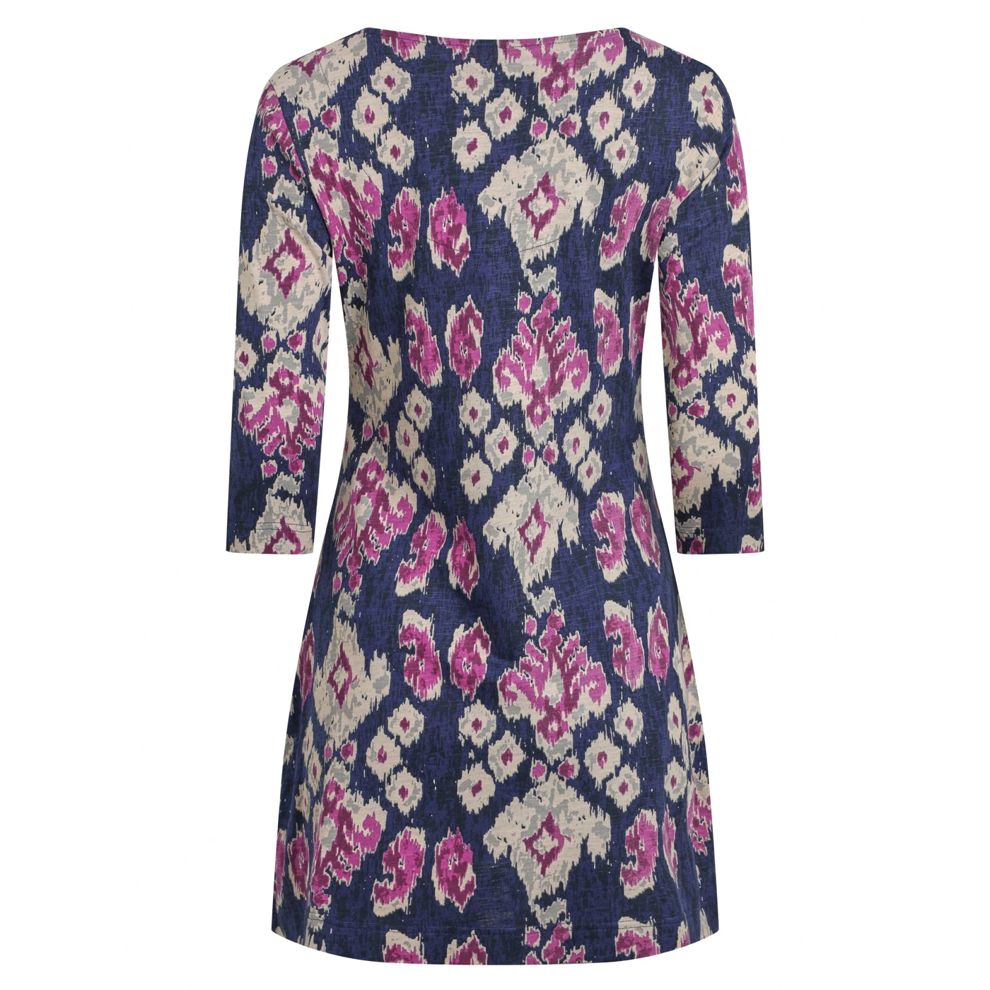 Back view of a womens Weird Fish Arielle tunic in petrol blue with a pink-purple abstract pattern on a white background