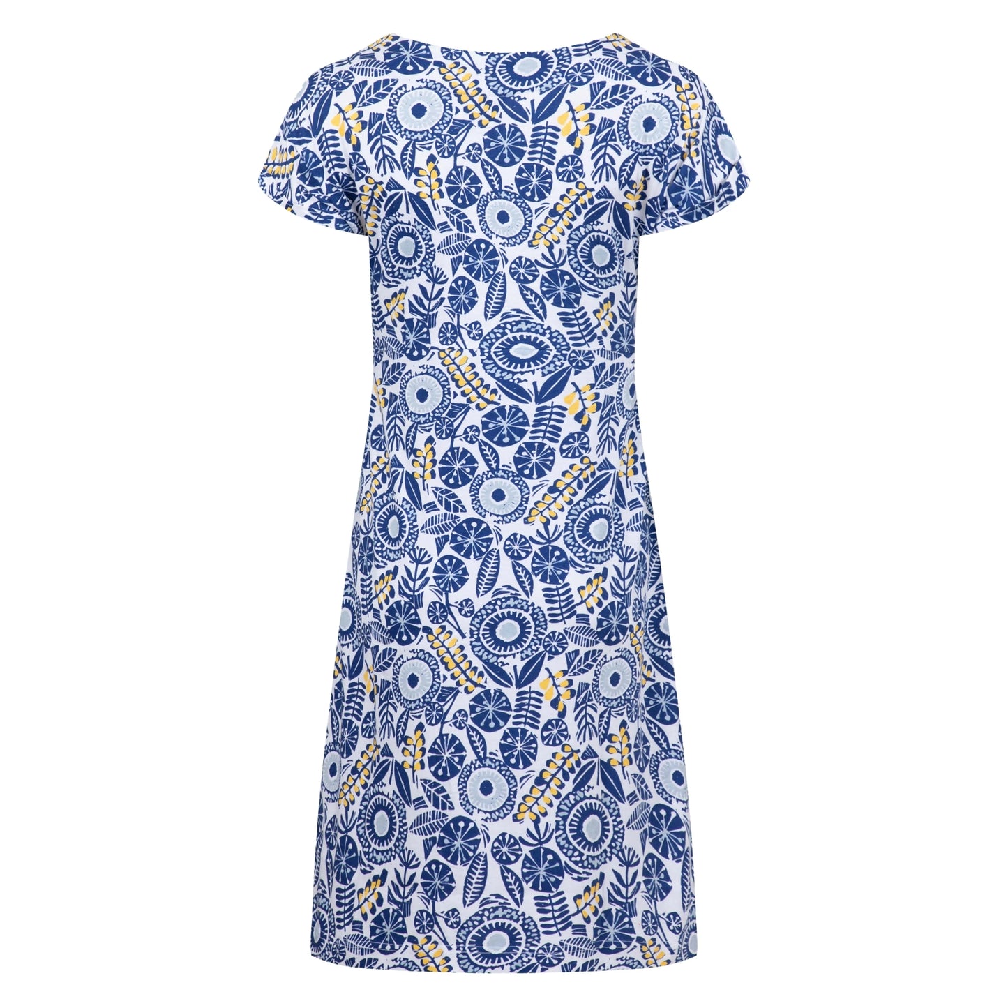 Back view of a womens Weird Fish short sleeve Tallahassee dress in Sapphire Blue featuring an abstract floral print with front pockets.