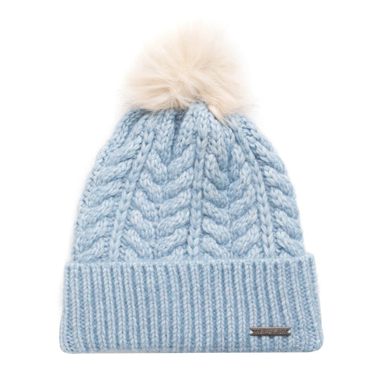 Womens Lake Blue cable knit Weird Fish Allerton beanie with a faux fur pom-pom on a white background