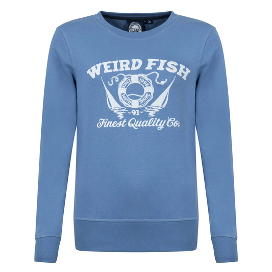 Front view of a Weird Fish women's Aurora crew neck sweatshirt in Faded Blue with a nautical logo print on the front.