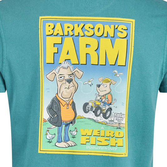 Teal Weird Fish t-shirt with 'Barkson's Farm' graphic and cartoon characters on a white background
