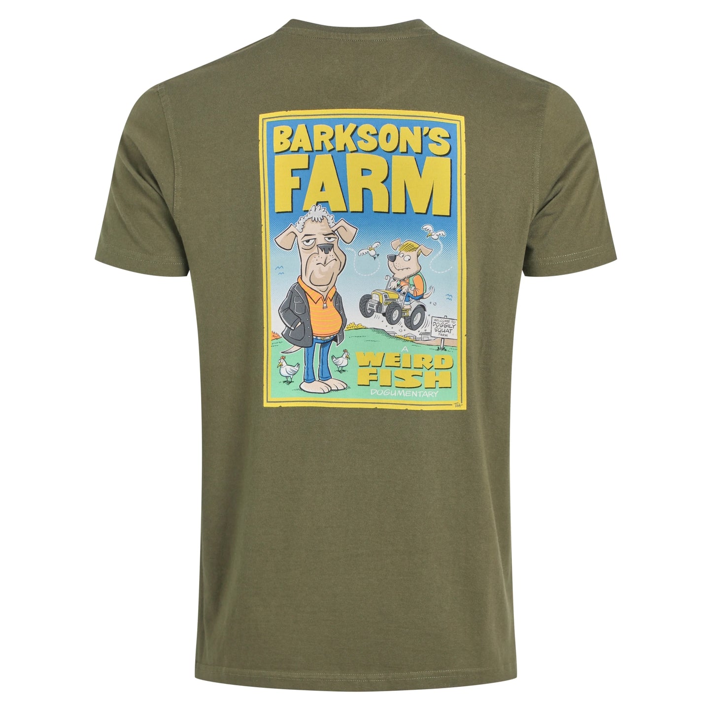 Main view of the Weird Fish mens Barksons Farm tee in green with cartoon farm animal graphic on back