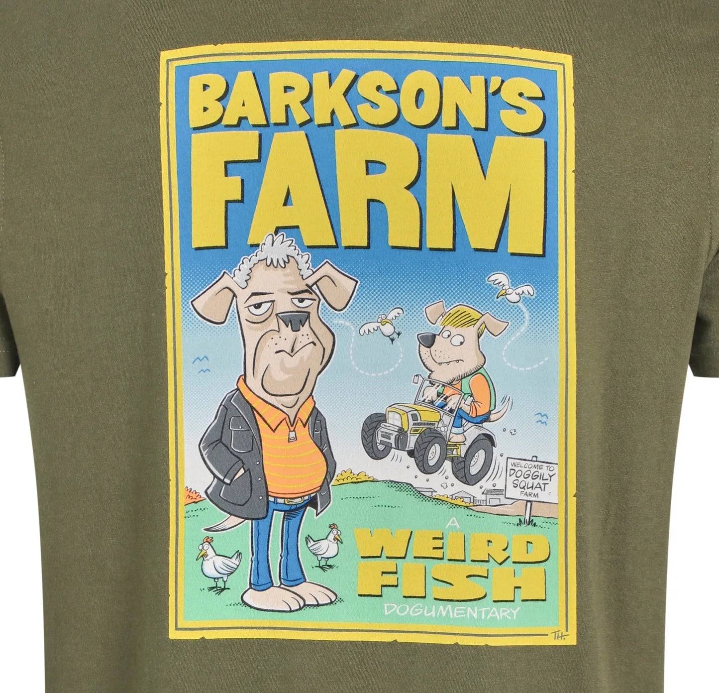 Weird Fish mens Barksons Farm tee green with cartoon dog farm graphic and bold yellow text