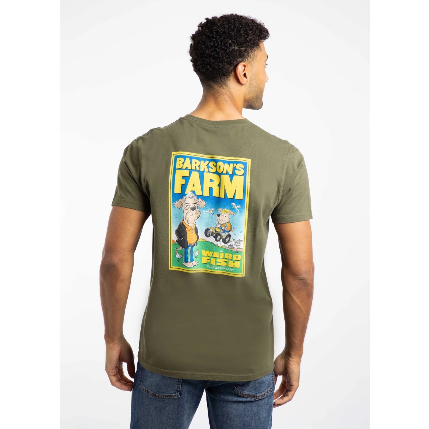 Main view of the Weird Fish mens Barksons Farm tee in green with cartoon farm graphic on the back