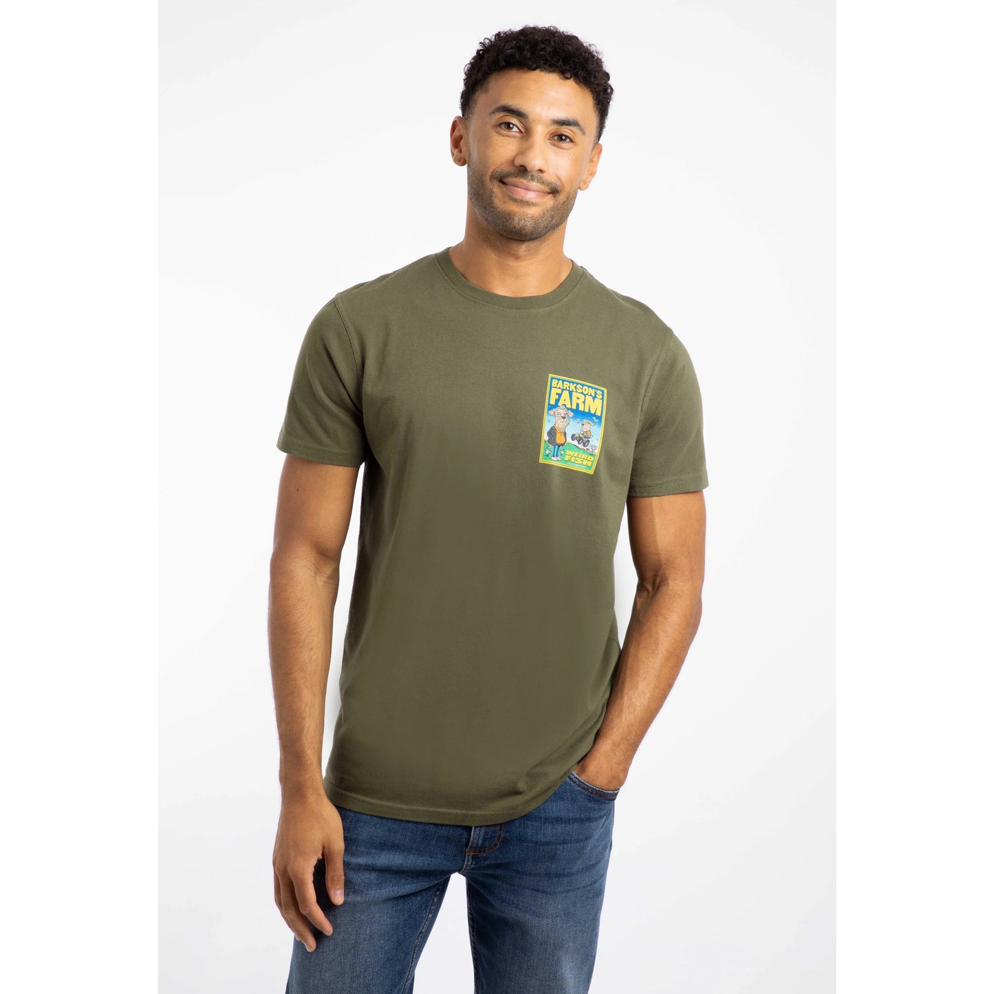 Weird Fish mens Barksons Farm tee green worn by man with short curly hair and blue jeans