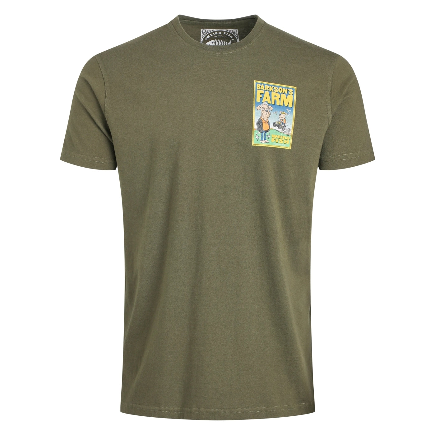 Weird Fish mens Barksons Farm tee green with cartoon farm graphic on chest pocket area