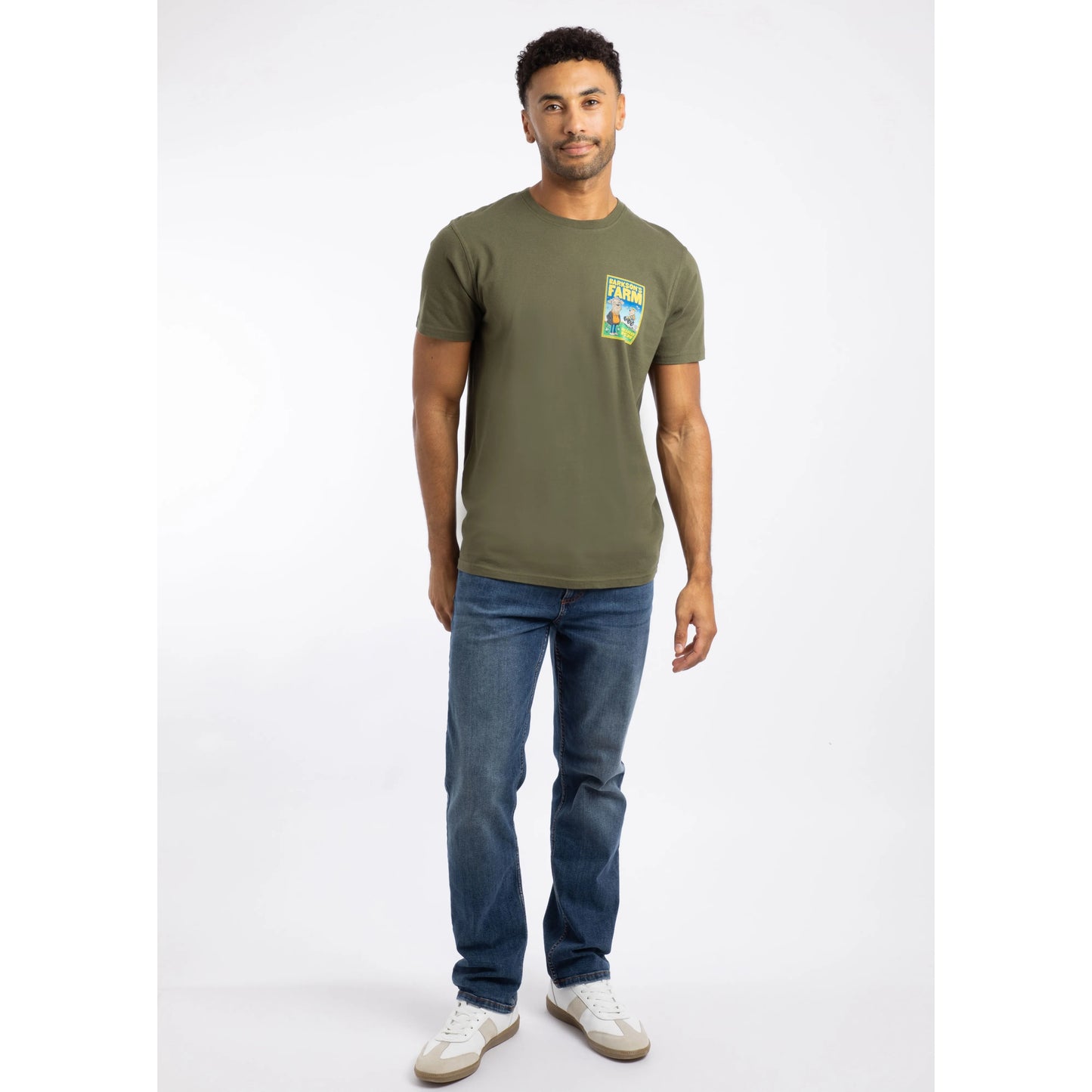 Weird Fish mens Barksons Farm tee green worn by male model paired with blue jeans and white sneakers
