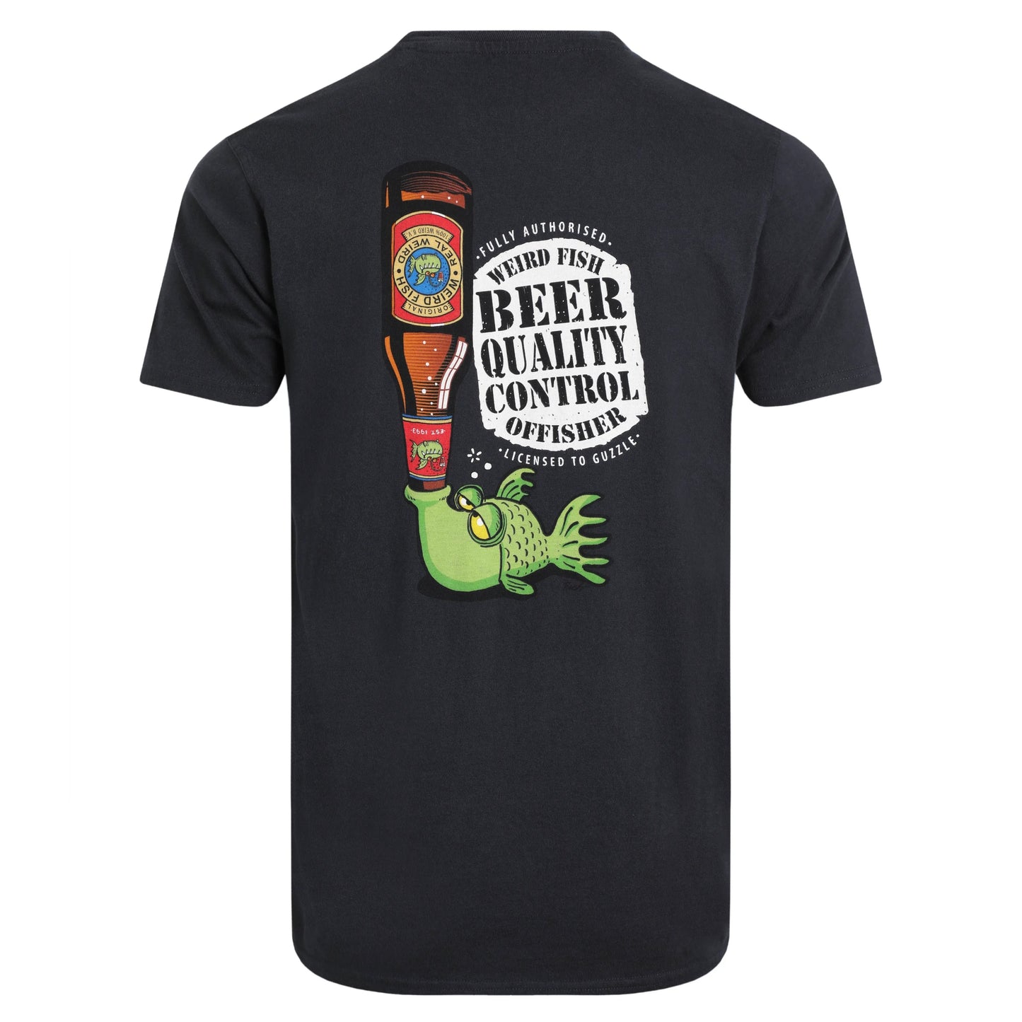Black t-shirt with beer-themed graphic on the back, featuring a fish and bottles.