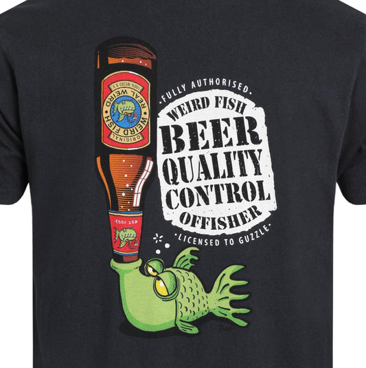 Black t-shirt with a beer bottle and fish graphic and 'Weird Fish' branding.
