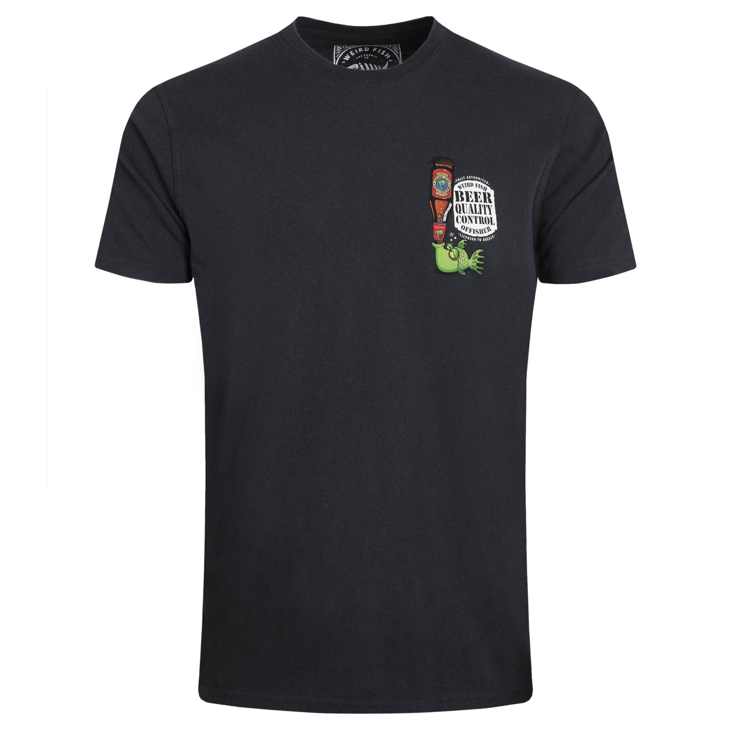 Black t-shirt with a graphic design on the chest against a white background