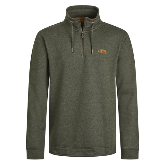 Khaki Green Weird Fish mens 1/4 zip sweatshirt with a logo on a white background
